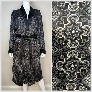 Vintage 1960s Men’s Black Medallion Print Robe Smoking Jacket, Sears Size Medium